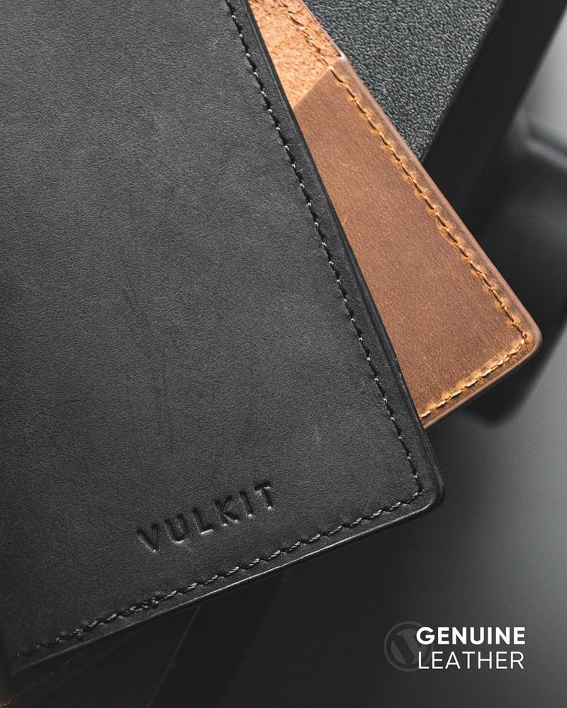 VULKIT حامل بطاقات العمل من الجلد الأصلي ذو جانبين نحيف منظم لبطاقات العمل للرجال أو النساء، يحمل حتى 20 بطاقة (أسود أصلي) - Image 2